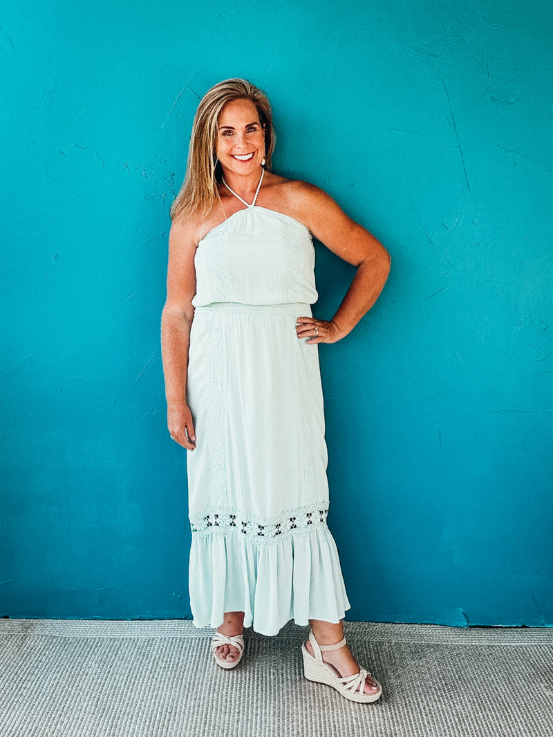 Suzanna Embroidered Halter Maxi Dress in Dusty Sage