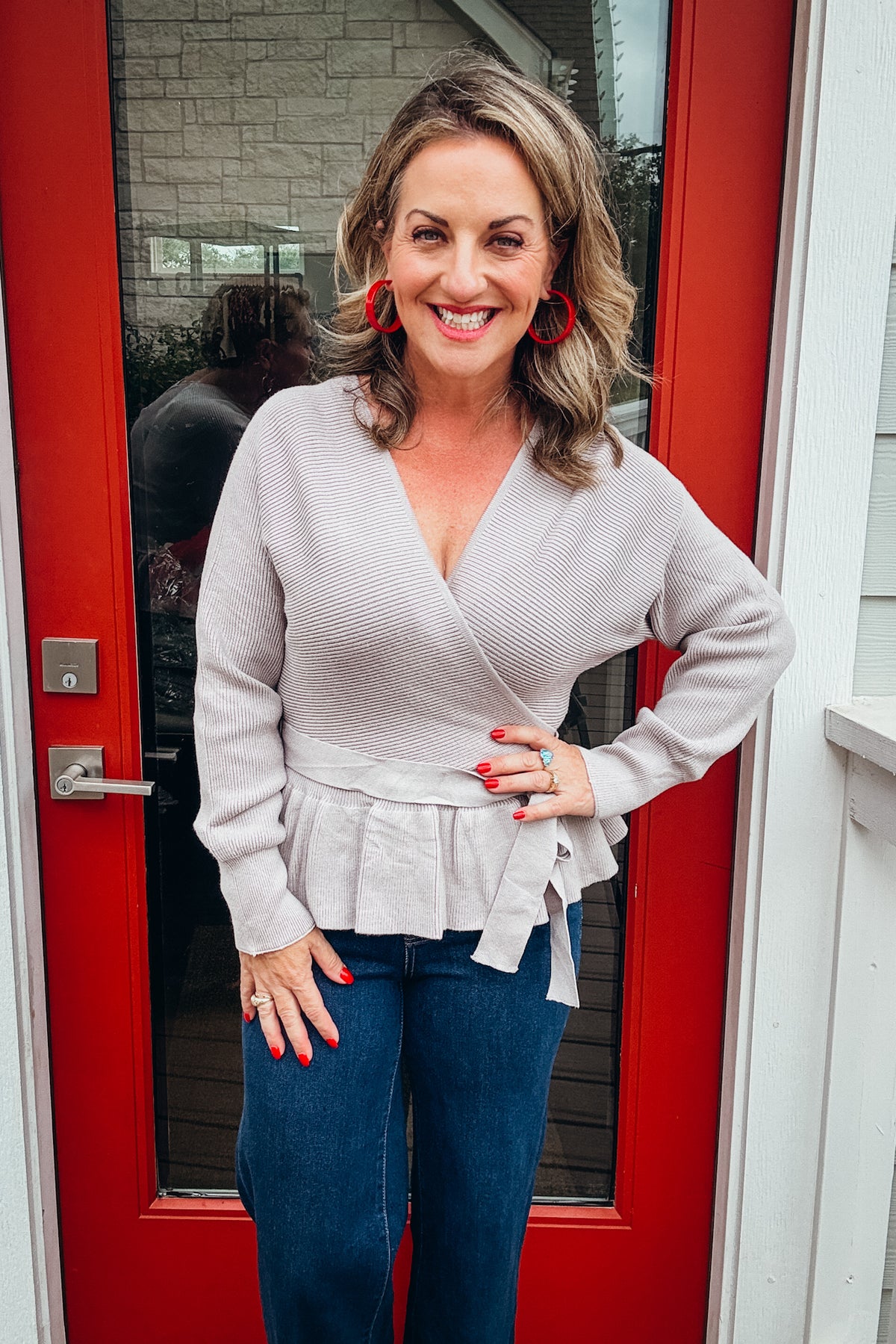 Alice Long Sleeve Baby Doll V-Neck Tie Waist Wrap Sweater