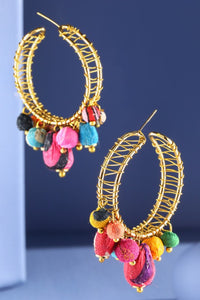 Handmade Brass Wire & Sari Bead C-Hoop Earrings