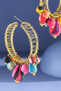 Handmade Brass Wire & Sari Bead C-Hoop Earrings