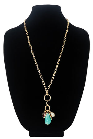 Long Necklace With Stone And Glass Bead Pendant