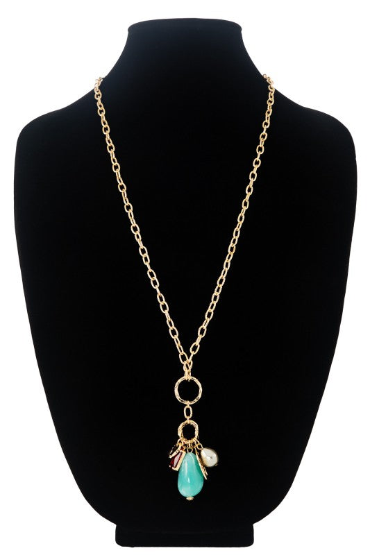 Long Necklace With Stone And Glass Bead Pendant