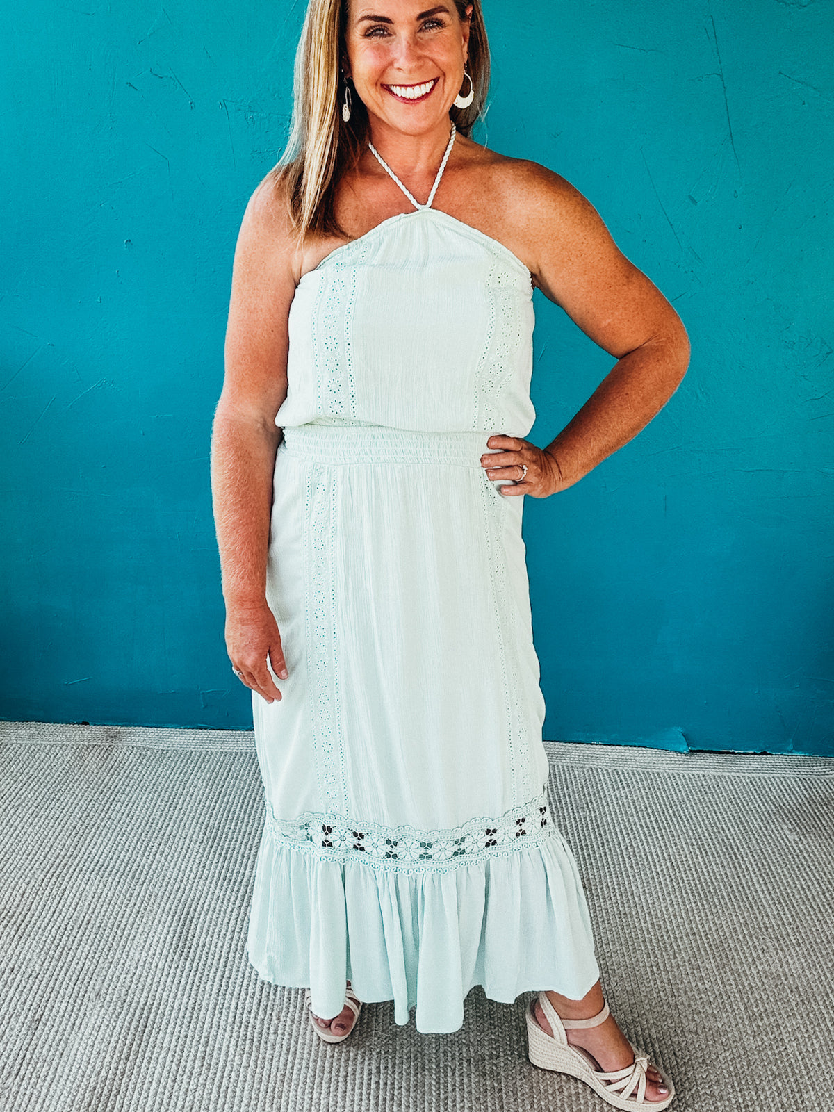 Suzanna Embroidered Halter Maxi Dress in Dusty Sage