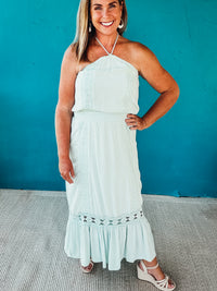 Suzanna Embroidered Halter Maxi Dress in Dusty Sage