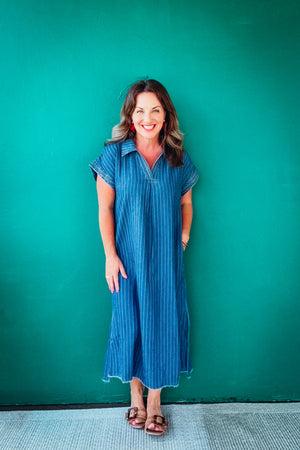 Julia Pinstripe Denim Collared Midi Dress