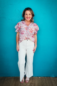 Marlowe Ruffled Detail Hidden Button Up Floral Print Top