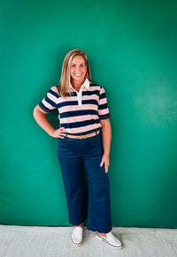 Laurel Striped French Terry Puff Sleeve Rugby Shirt