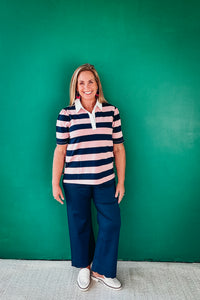 Laurel Striped French Terry Puff Sleeve Rugby Shirt