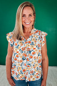 Lauren Ruffle Neck and Sleeve Floral Top