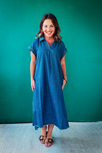 Julia Pinstripe Denim Collared Midi Dress