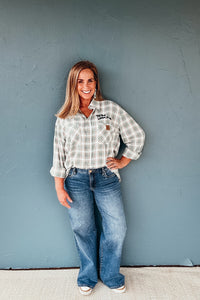 "To Do Look At Art" Embroidered Plaid Button Down