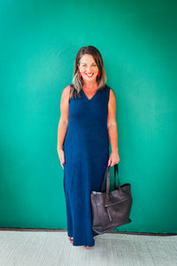 Lydia Solid V Neck Ribbed Knit Midi Dress
