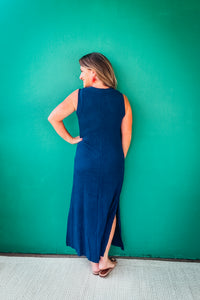 Lydia Solid V Neck Ribbed Knit Midi Dress