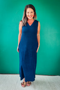 Lydia Solid V Neck Ribbed Knit Midi Dress
