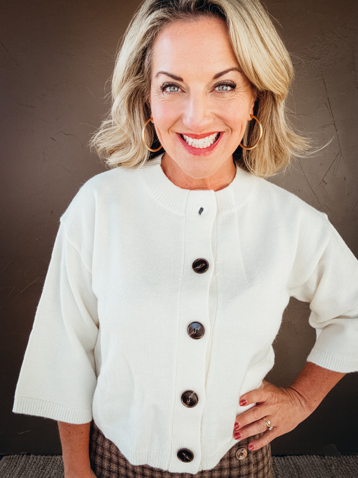 Arden Half Sleeve Button Down Knit Cardigan in Ivory