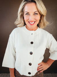 Arden Half Sleeve Button Down Knit Cardigan in Ivory