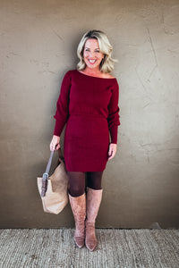 Marlowe Boatneck Ribbed Knit Sweater Blouson Dress