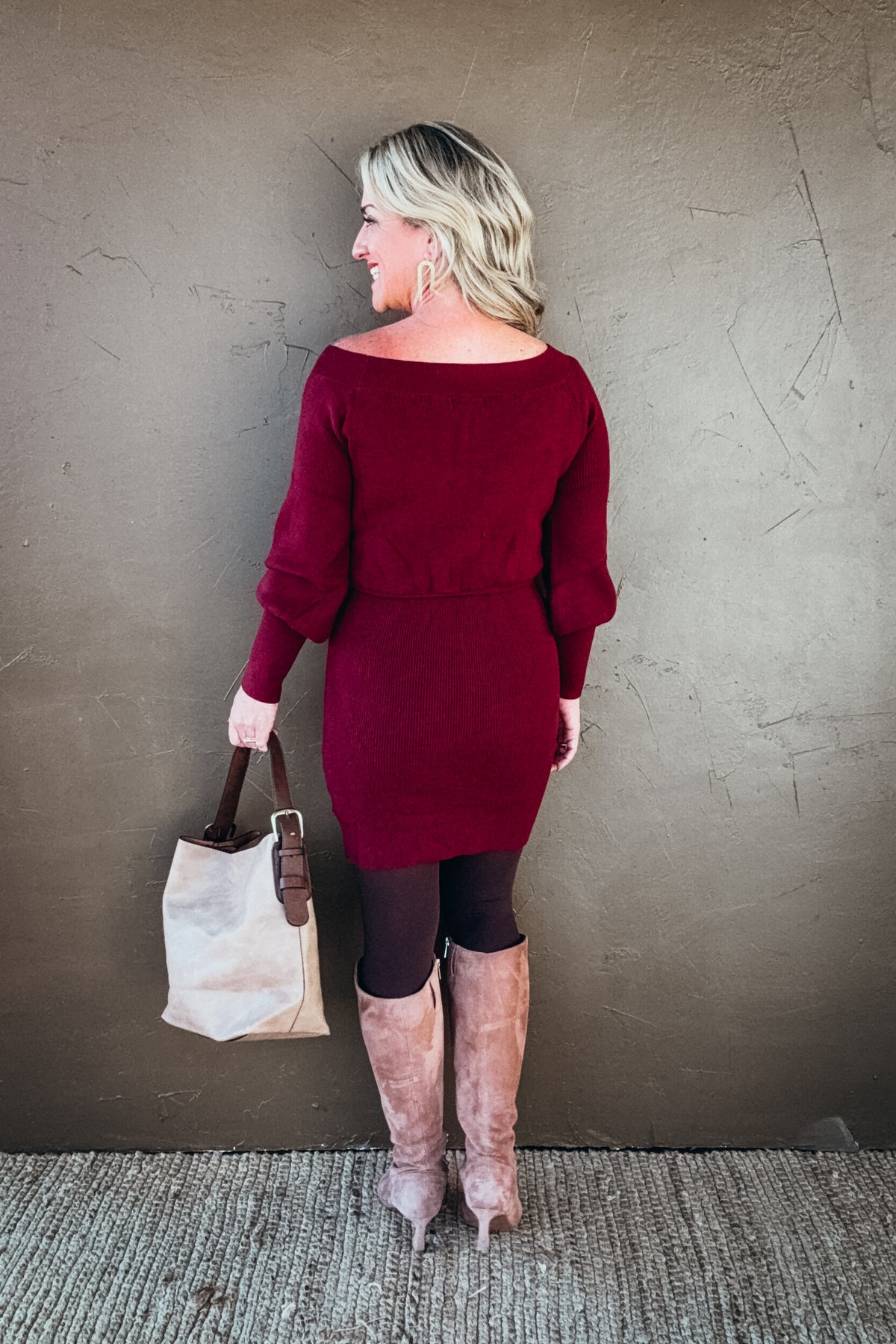 Marlowe Boatneck Ribbed Knit Sweater Blouson Dress