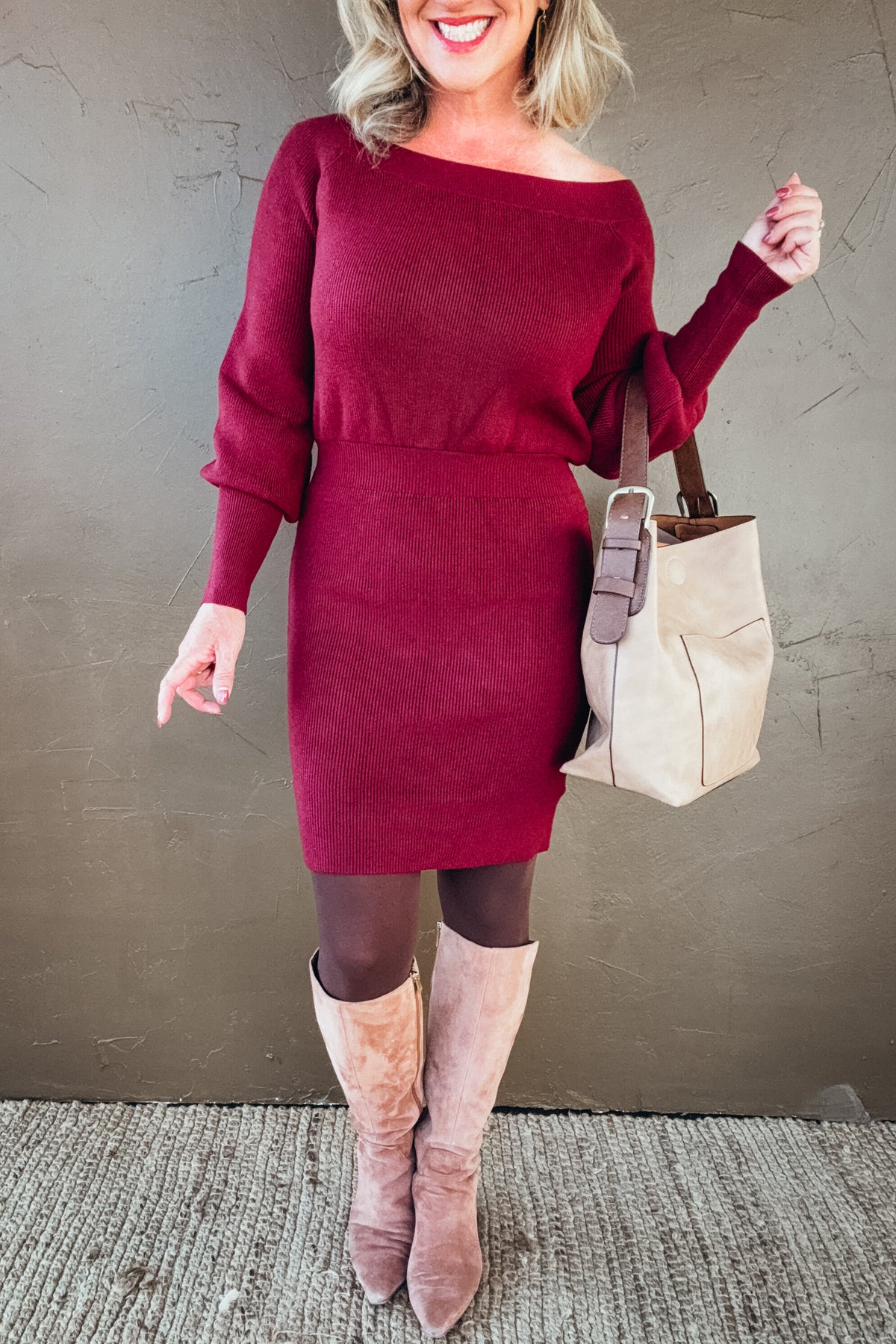 Marlowe Boatneck Ribbed Knit Sweater Blouson Dress