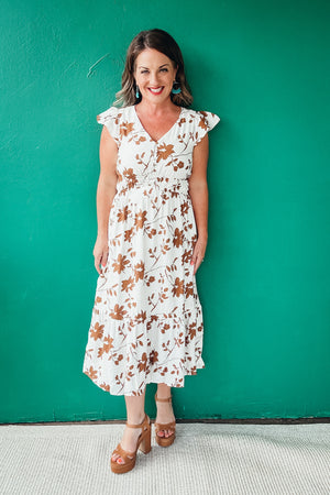Kennedy Floral Textured Woven V-neck Button-down Midi Dress