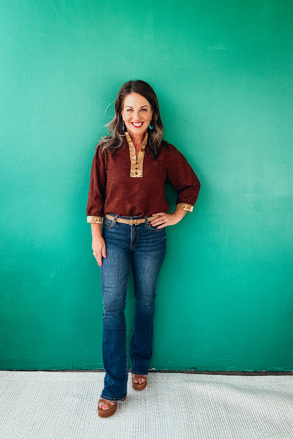 Sutton Quarter Button Down Floral Contrast Solid Top