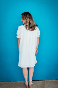 Collins Lace Puff Sleeve Smocked V-Neck Babydoll Dress