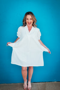 Collins Lace Puff Sleeve Smocked V-Neck Babydoll Dress