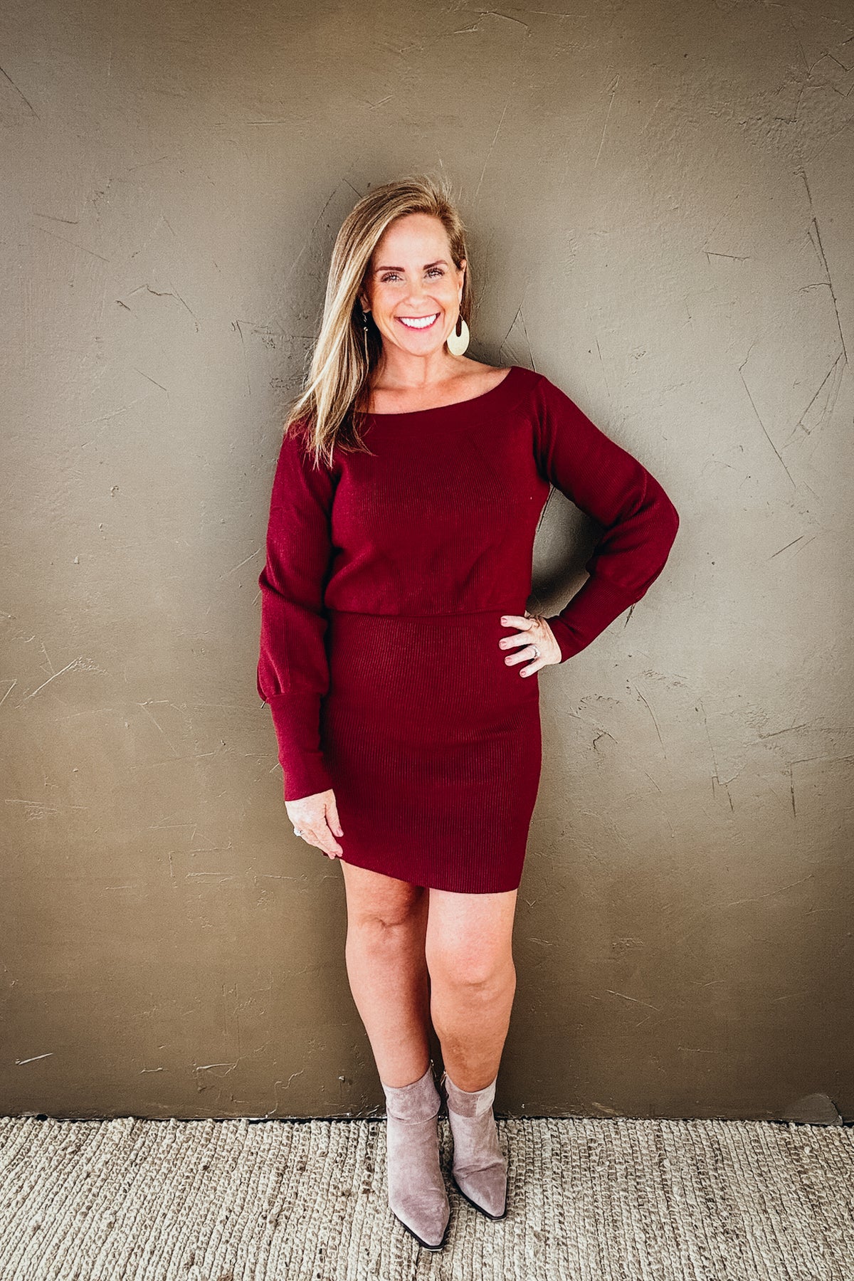 Marlowe Boatneck Ribbed Knit Sweater Blouson Dress