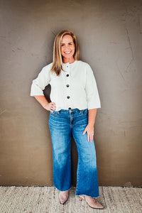 Arden Half Sleeve Button Down Knit Cardigan in Ivory