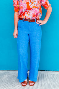 Meg Wide Leg Linen Pants Cornflower Blue