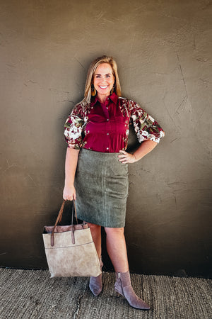 Zoe High Waist Faux Suede Pencil Skirt in Olive