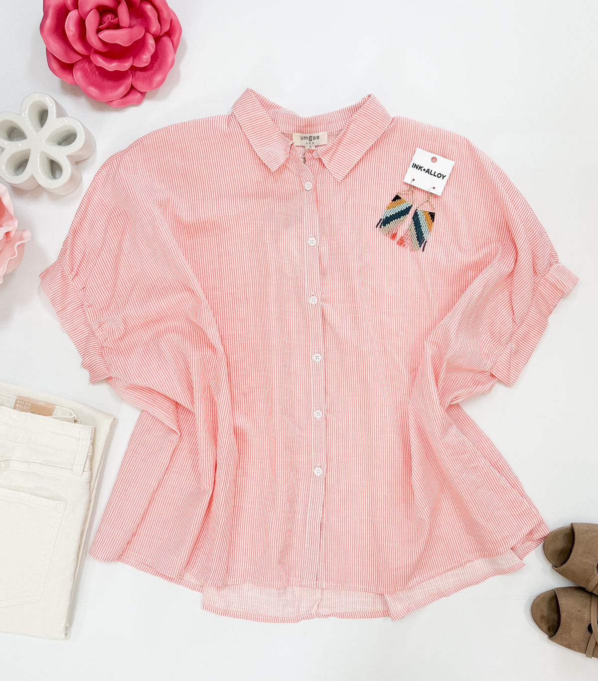 Kate Striped Button Down in Coral