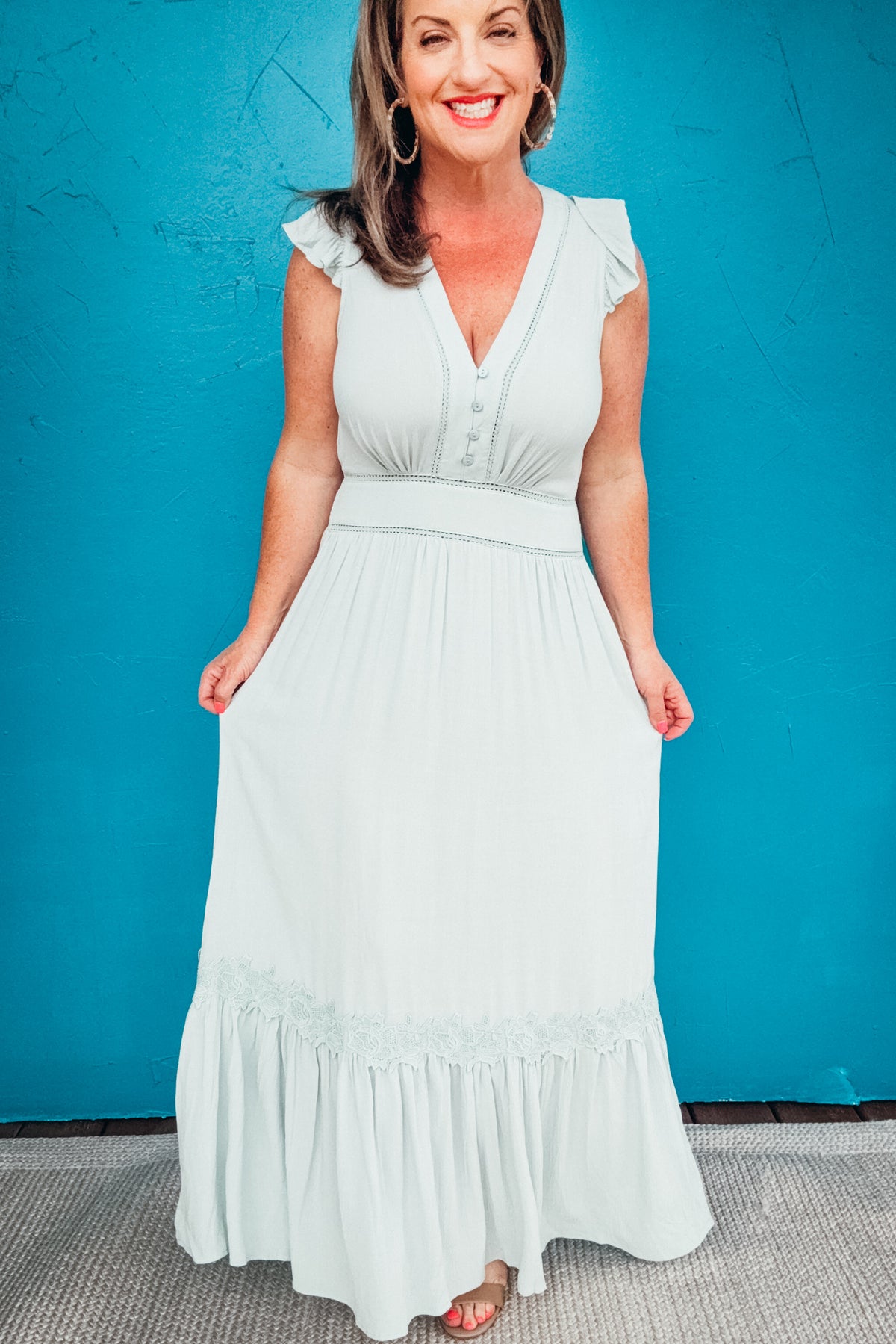 Aria Lace-trimmed Flutter Sleeve V-neck Maxi Dress