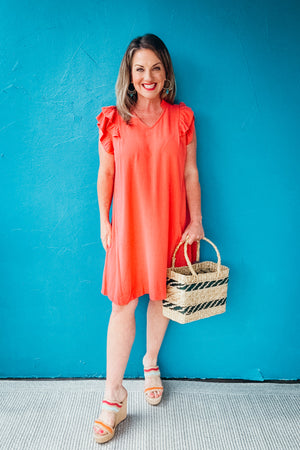 Mable Linen Flutter Sleeve Swing Dress with Pockets