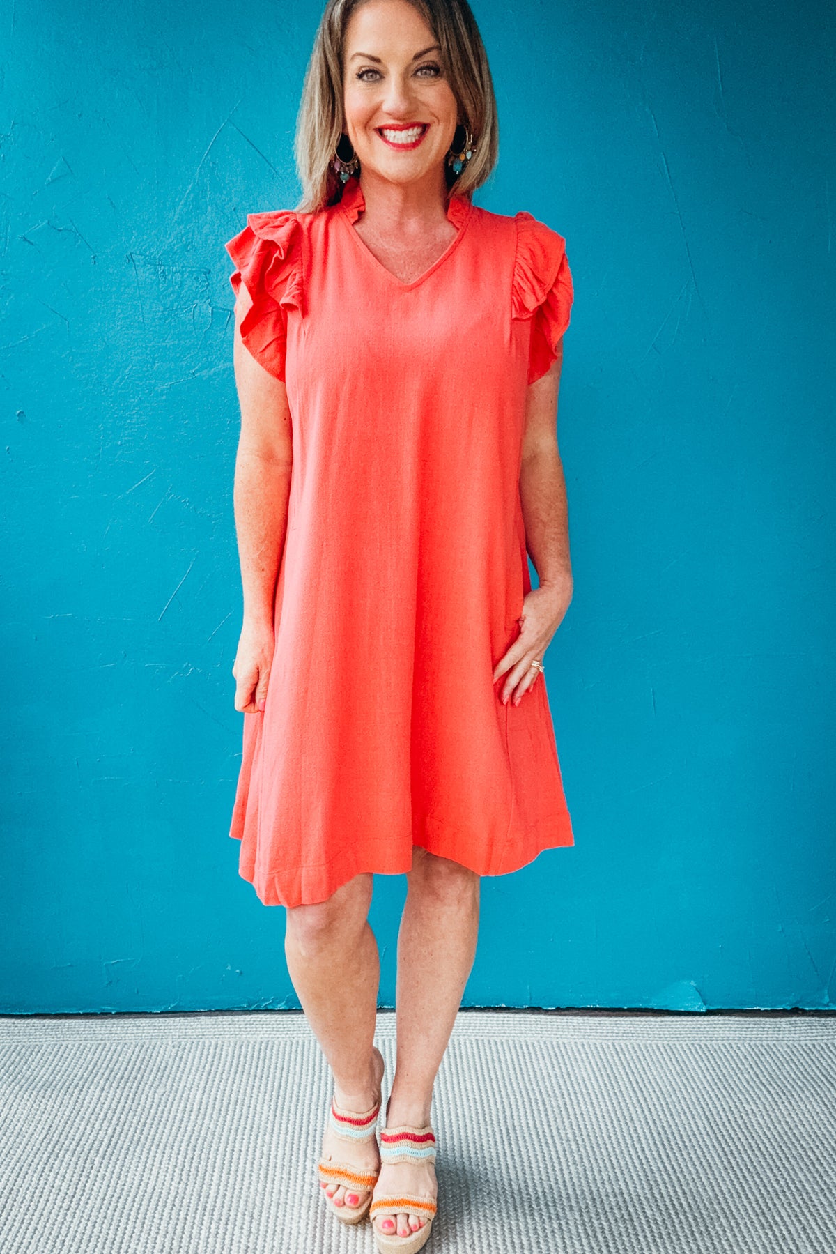 Mable Linen Flutter Sleeve Swing Dress with Pockets
