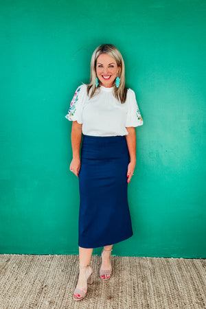 Elizabeth Pencil Midi Skirt in Navy