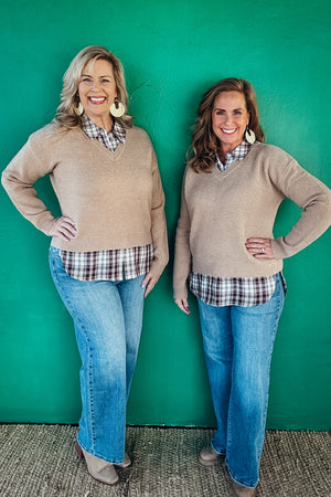 Georgia Plaid Contrast Mixed V Neck Sweater