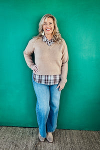 Georgia Plaid Contrast Mixed V Neck Sweater