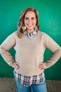 Georgia Plaid Contrast Mixed V Neck Sweater