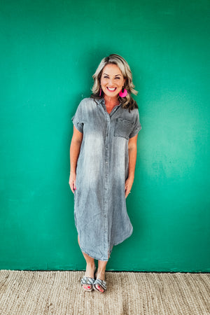 Emily Dolman Short Sleeve Tencel Denim Shirt Midi Dress