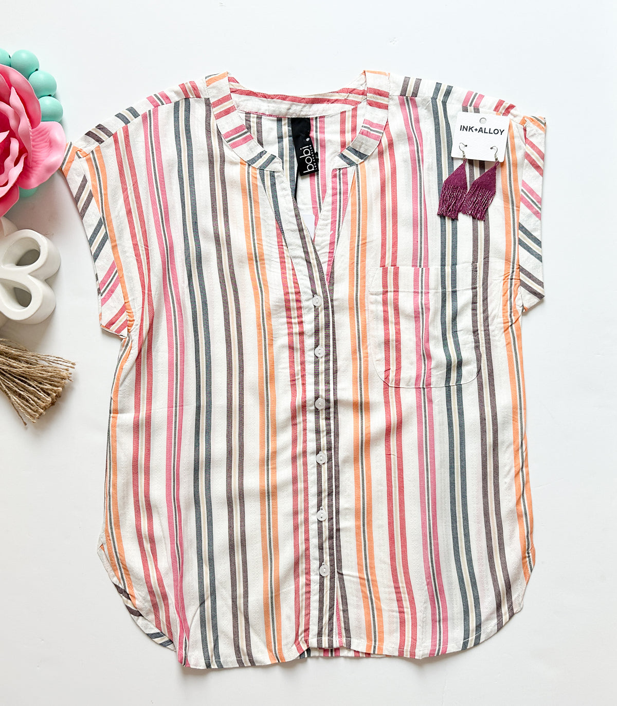 Button Up Rolled Sleeve Striped Shirt
