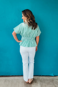Eliana Stripe Peplum Smocked Dolman Sleeve Shirt