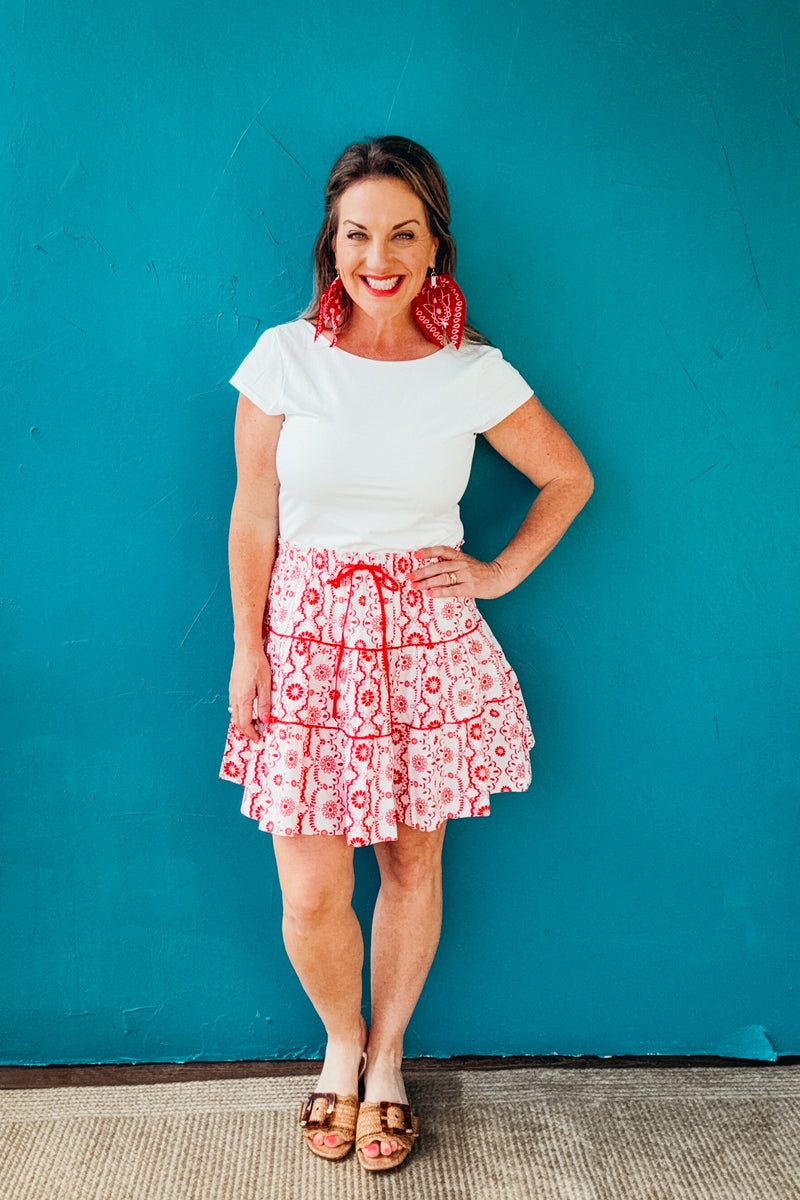 Elizabeth Geometric Floral Print Tiered Mini Skirt