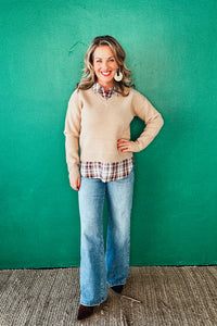 Georgia Plaid Contrast Mixed V Neck Sweater