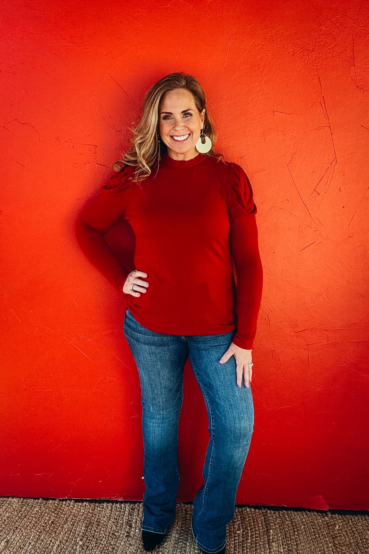 Charlotte Gathered Puff Sleeve Mock Neck Top