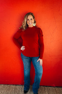 Charlotte Gathered Puff Sleeve Mock Neck Top