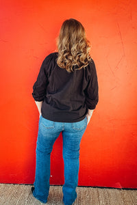 Pearl Puff Sleeves V Neck Leopard Collared Top