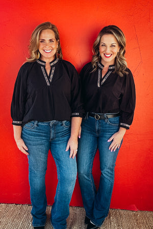 Pearl Puff Sleeves V Neck Leopard Collared Top