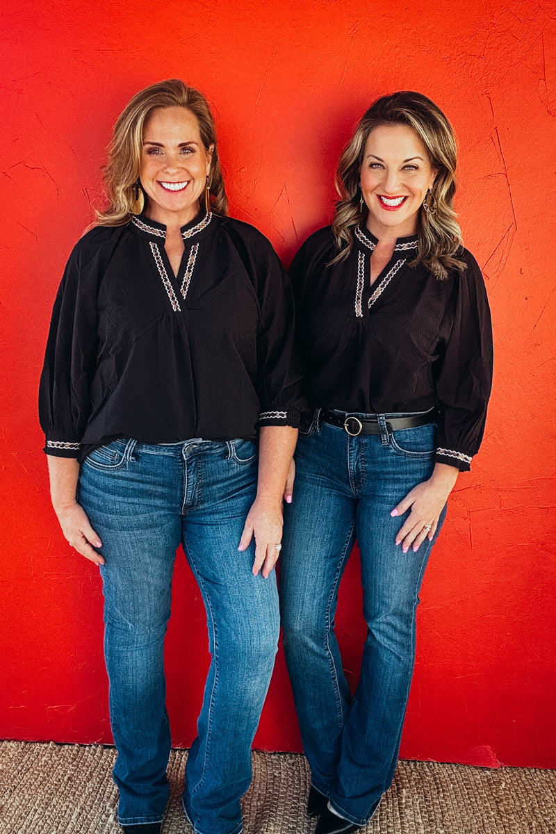 Pearl Puff Sleeves V Neck Leopard Collared Top