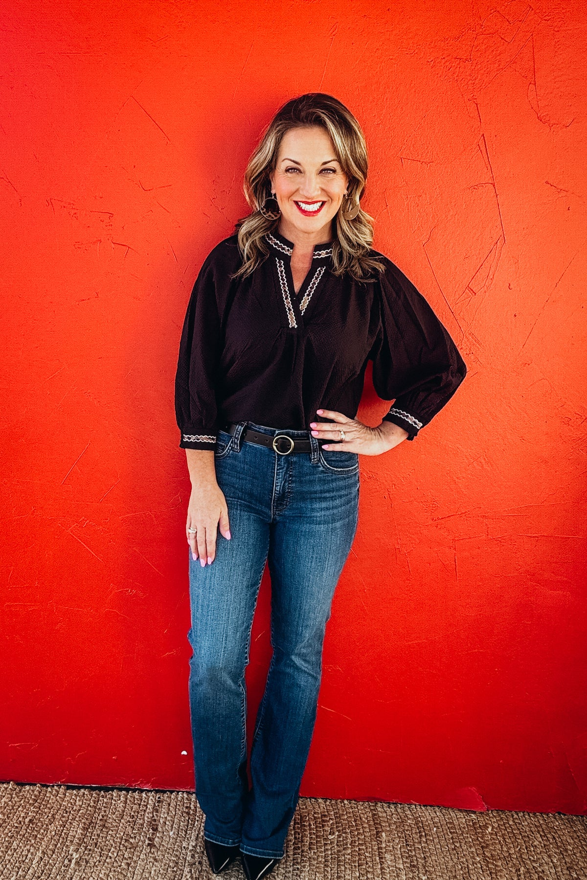 Pearl Puff Sleeves V Neck Leopard Collared Top